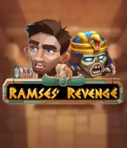 Dive into the thrilling world of the Ramses' Revenge game by Relax Gaming, highlighting a frightened explorer and a terrifying mummy against an Egyptian tomb backdrop. This graphic depicts the excitement of tomb exploration, great for those interested in historical adventures, offering a gripping escape. 